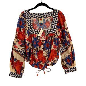 Farm Rio x Anthropologie Printed Square-Neck Puff-Sleeve Blouse Size S NWT